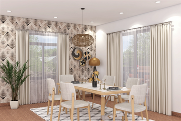 Bohemian Spacious 6-Seater Dining Room Design with Pendant Light